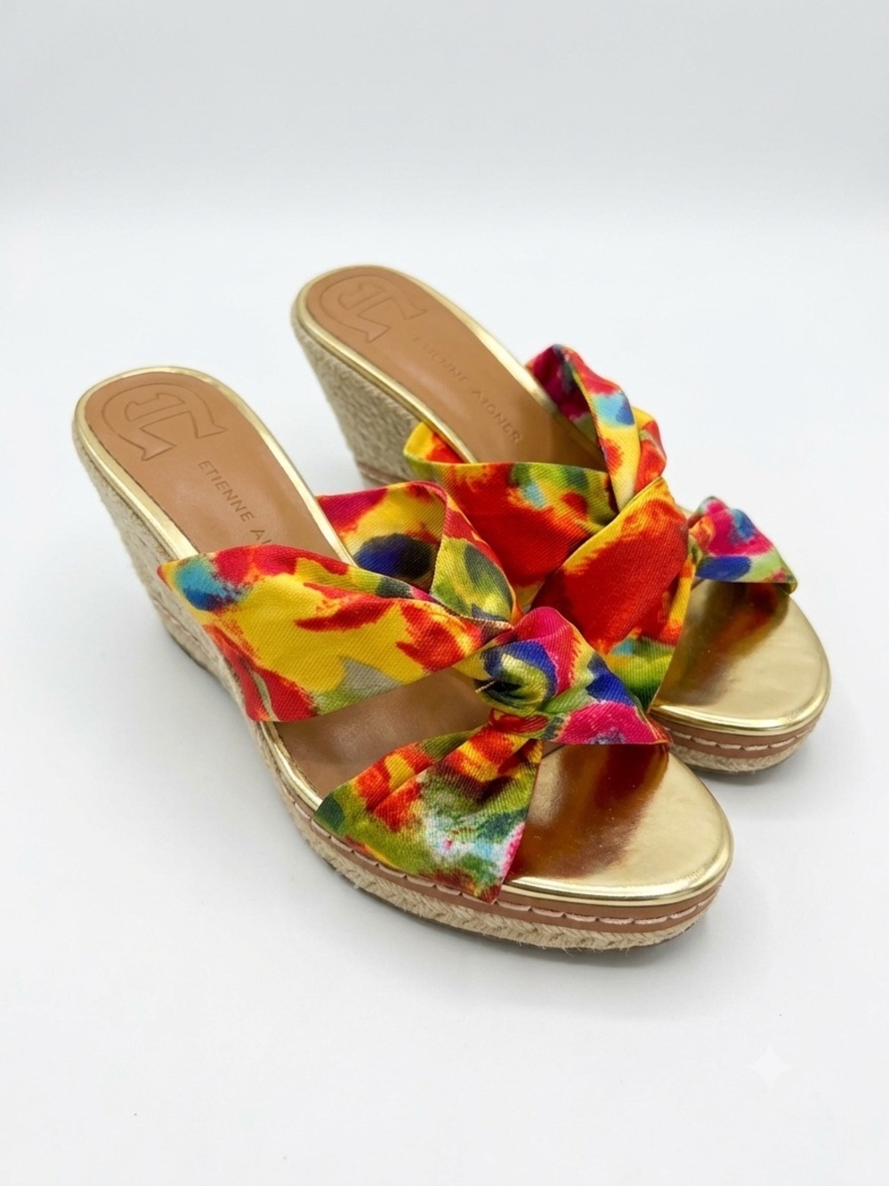 Etienne Aigner E-Krista Watercolor Twist Espadrille Wedge Sandals Gold | 7.5M